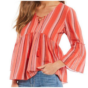 Sanctuary Red Striped Cotton Boho Peasant Top